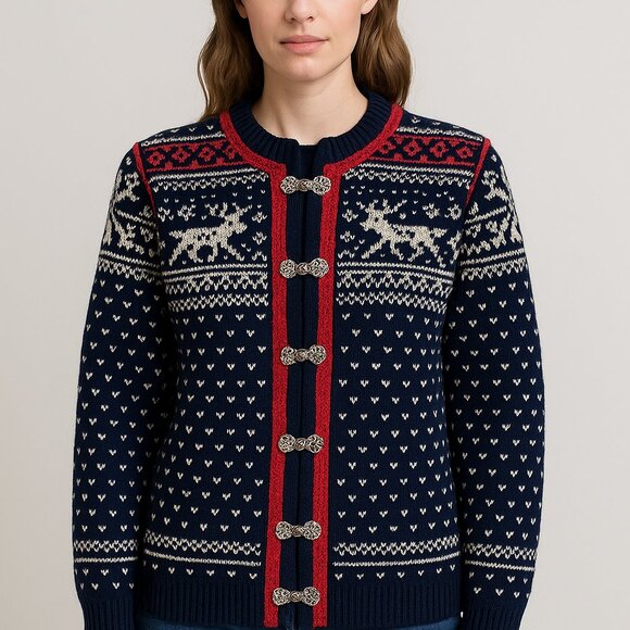 Vtg Dale of Norway Wool Knit Clasp Cardigan Sweater Women M Fair Isle Reind Embr - Picture 1 of 15